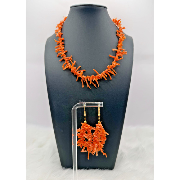 Vintage Branch Graduated Coral Necklace & Dangle Earring Set